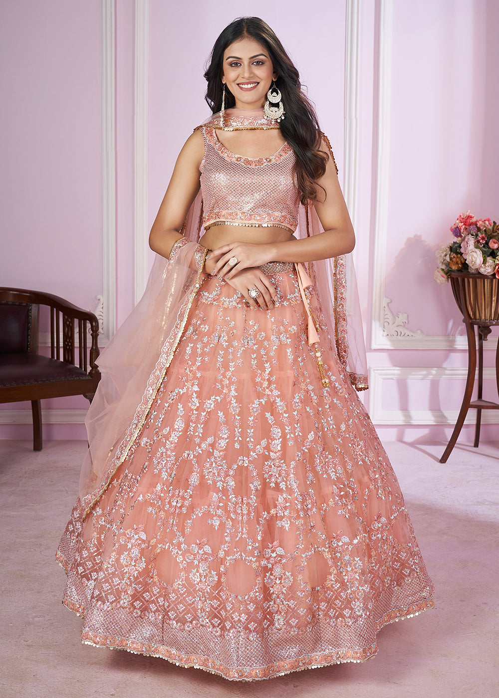 Buy Now Soft Net Embroidered Pink Color Bridesmaids Lehenga Choli Online in USA, UK, Canada & Worldwide at Empress Clothing. 