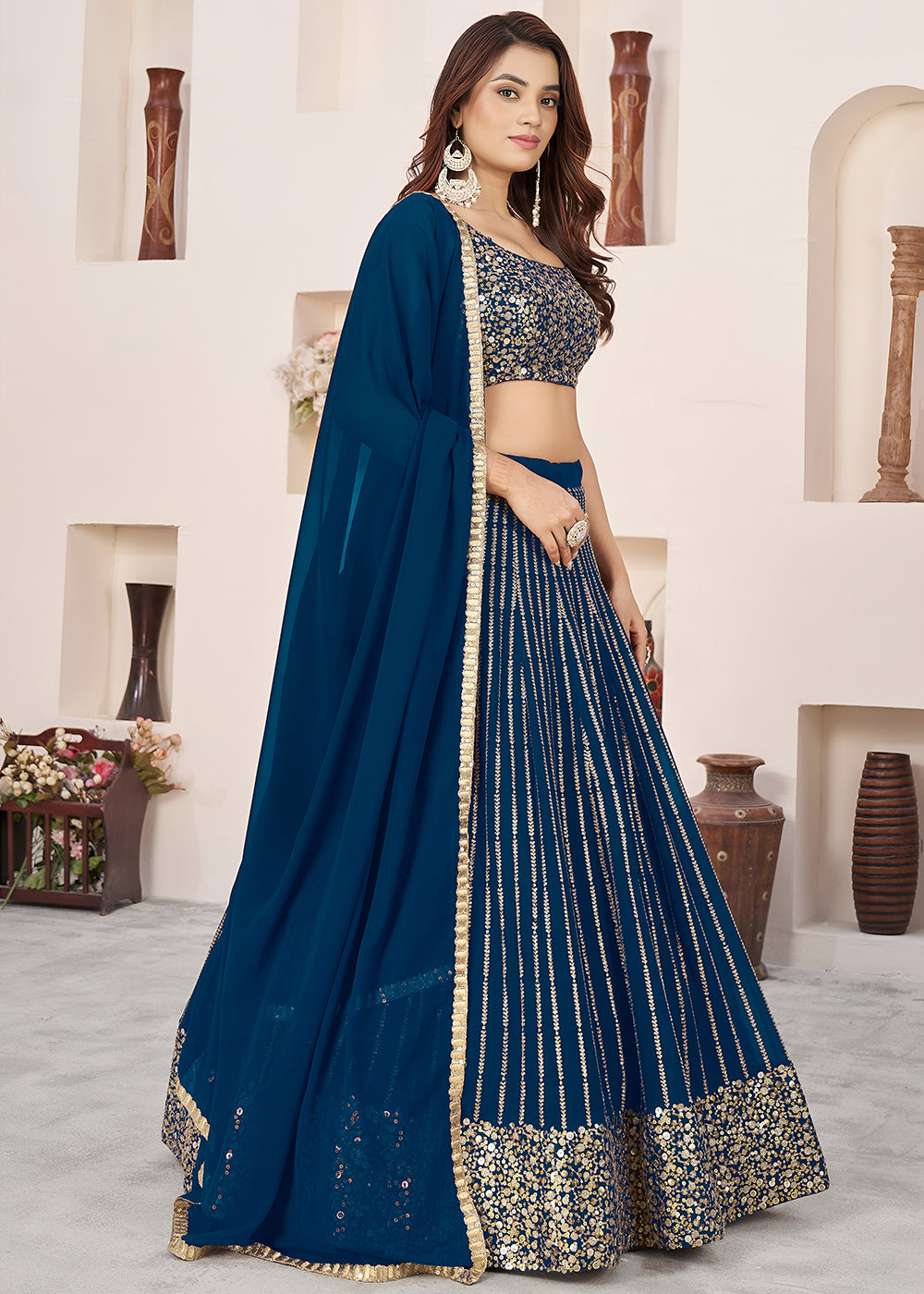 Buy Now Blue Sequins Zari Embroidered Work Function Lehenga Choli Online in US, UK, Canada, France, Italy, Germany, Sweden, UAE &amp; Worldwide at Empress Clothing.