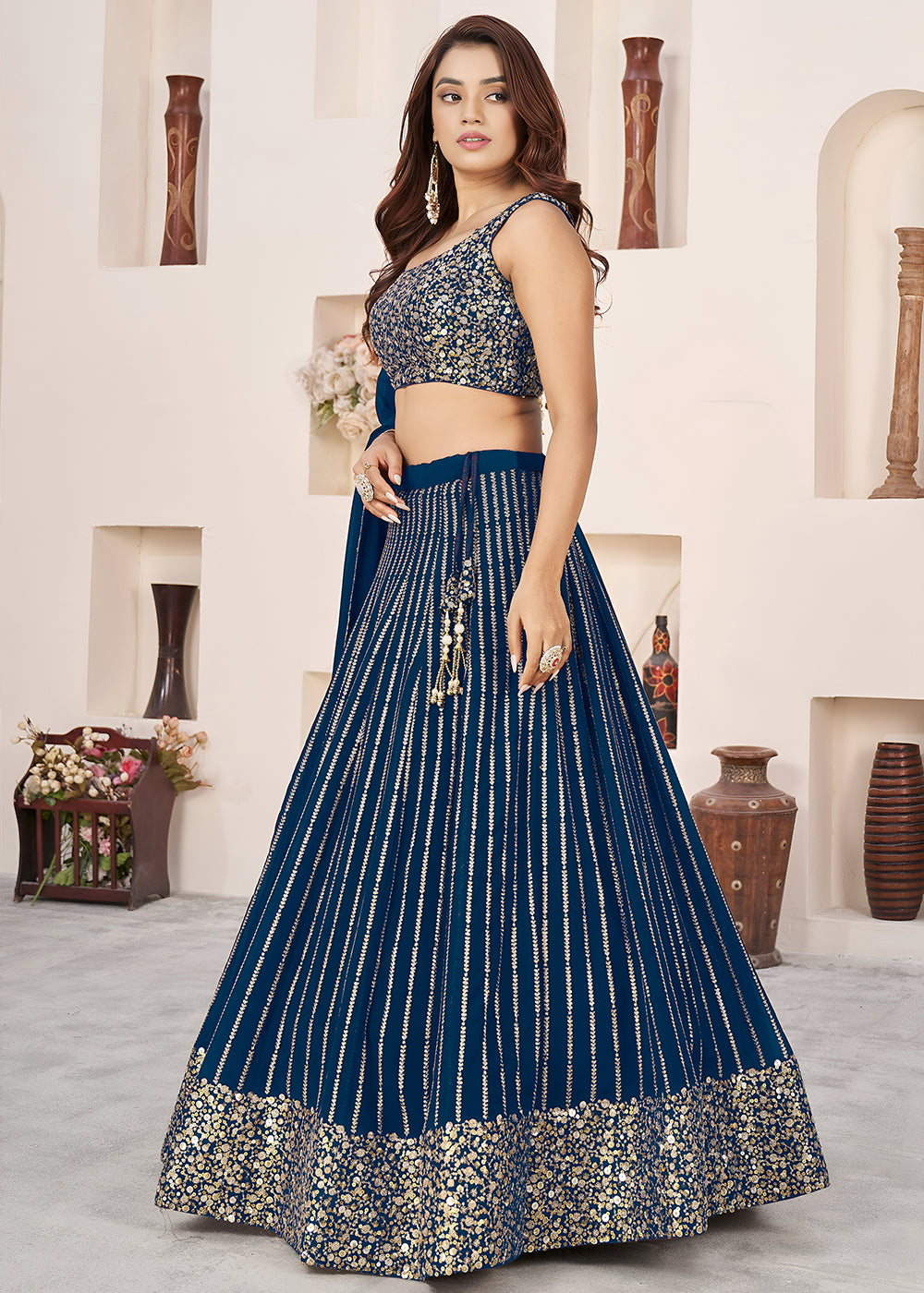 Buy Now Blue Sequins Zari Embroidered Work Function Lehenga Choli Online in US, UK, Canada, France, Italy, Germany, Sweden, UAE &amp; Worldwide at Empress Clothing.