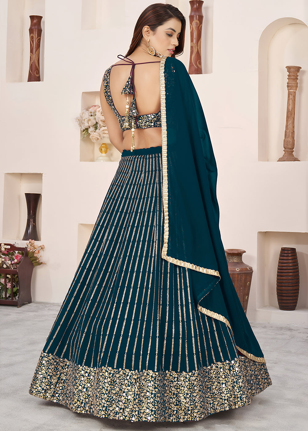 Buy Now Green Sequins Zari Embroidered Work Function Lehenga Choli Online in US, UK, Canada, France, Italy, Germany, Sweden, UAE &amp; Worldwide at Empress Clothing.