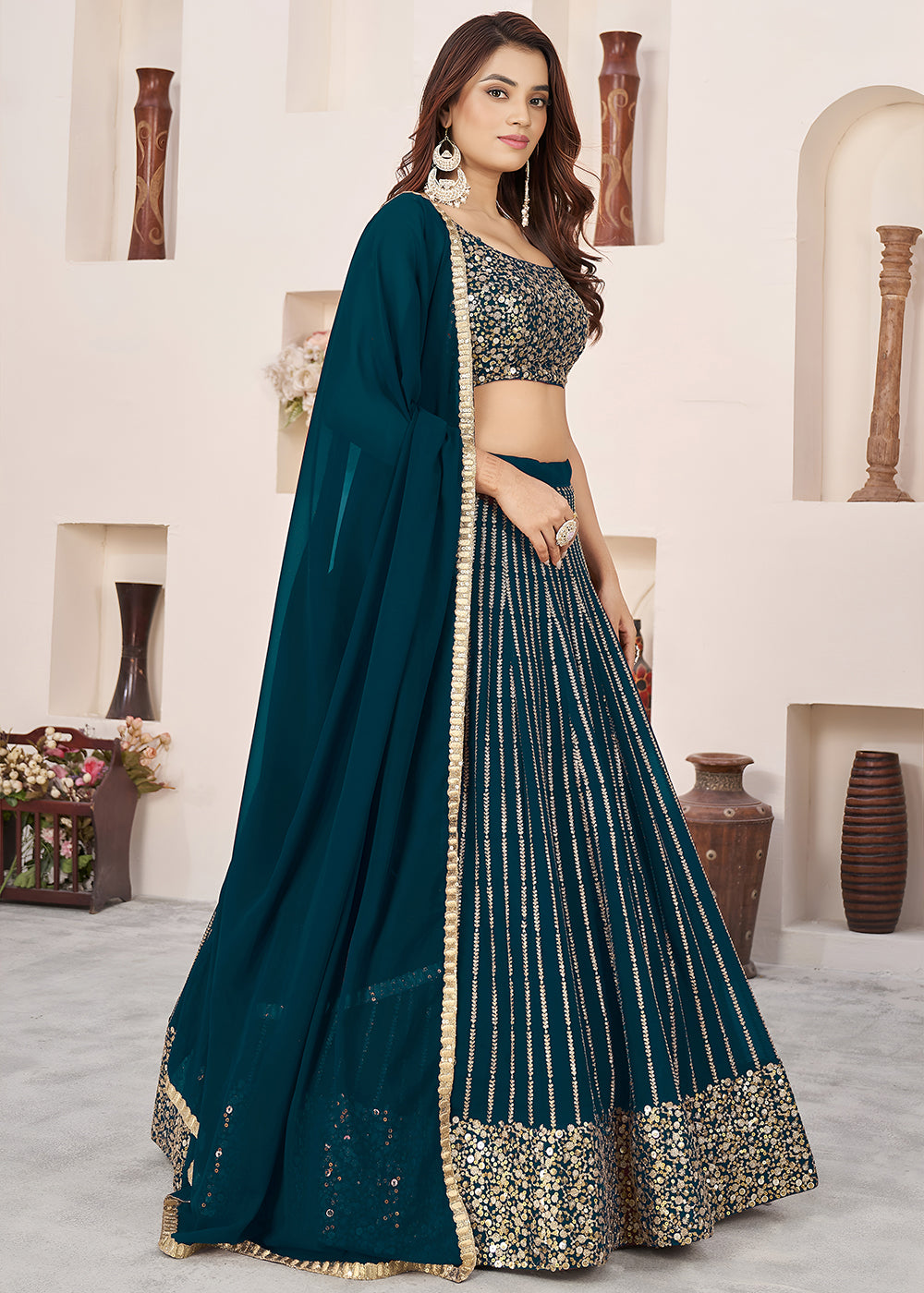 Buy Now Green Sequins Zari Embroidered Work Function Lehenga Choli Online in US, UK, Canada, France, Italy, Germany, Sweden, UAE &amp; Worldwide at Empress Clothing.