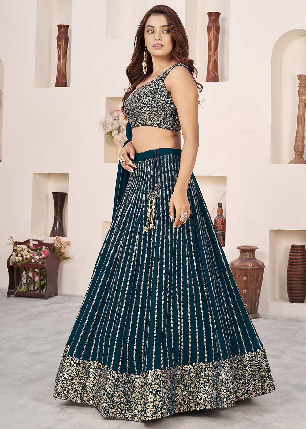 Buy Now Green Sequins Zari Embroidered Work Function Lehenga Choli Online in US, UK, Canada, France, Italy, Germany, Sweden, UAE &amp; Worldwide at Empress Clothing.