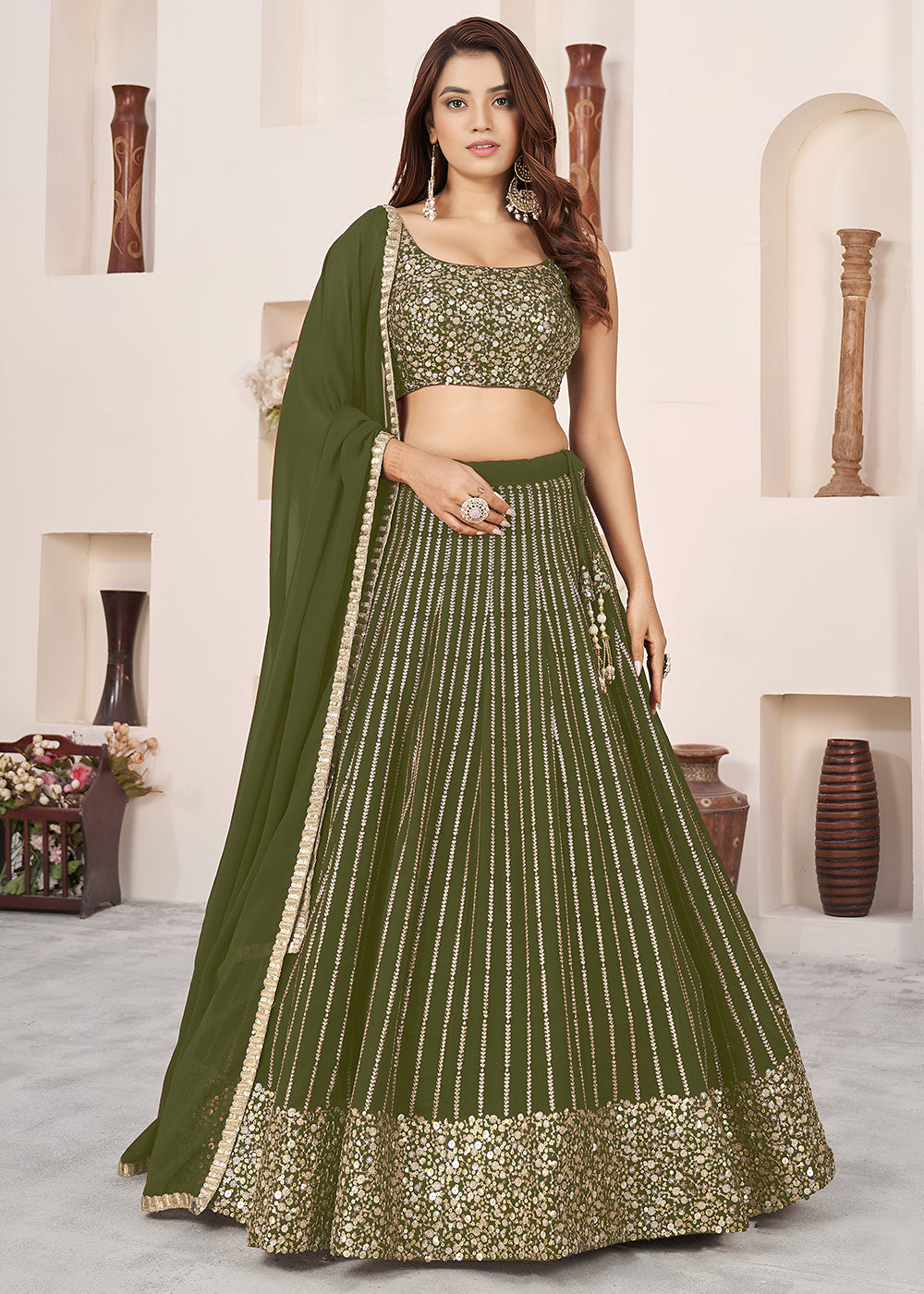 Buy Now Olive Sequin Zari Embroidered Work Function Lehenga Choli Online in US, UK, Canada, France, Italy, Germany, Sweden, UAE &amp; Worldwide at Empress Clothing.