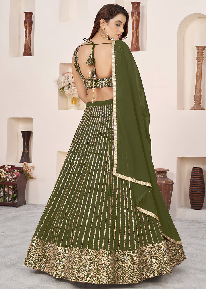 Buy Now Olive Sequin Zari Embroidered Work Function Lehenga Choli Online in US, UK, Canada, France, Italy, Germany, Sweden, UAE &amp; Worldwide at Empress Clothing.