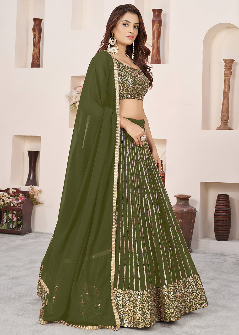 Buy Now Olive Sequin Zari Embroidered Work Function Lehenga Choli Online in US, UK, Canada, France, Italy, Germany, Sweden, UAE &amp; Worldwide at Empress Clothing.