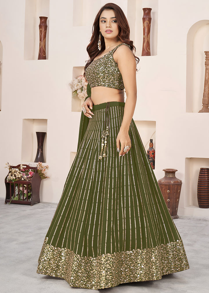 Buy Now Olive Sequin Zari Embroidered Work Function Lehenga Choli Online in US, UK, Canada, France, Italy, Germany, Sweden, UAE &amp; Worldwide at Empress Clothing.