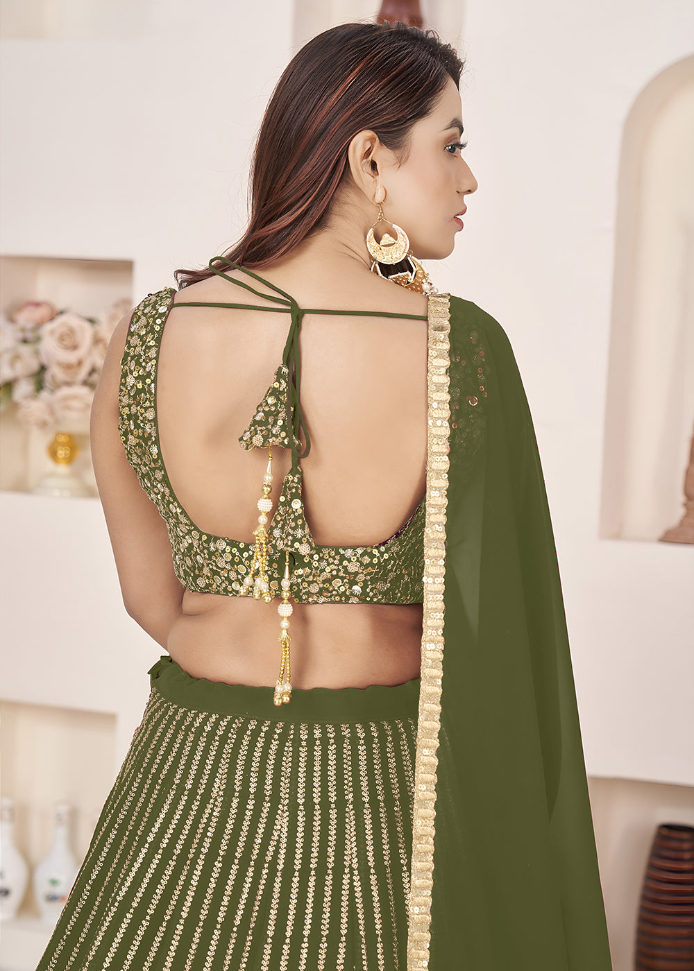 Buy Now Olive Sequin Zari Embroidered Work Function Lehenga Choli Online in US, UK, Canada, France, Italy, Germany, Sweden, UAE &amp; Worldwide at Empress Clothing.
