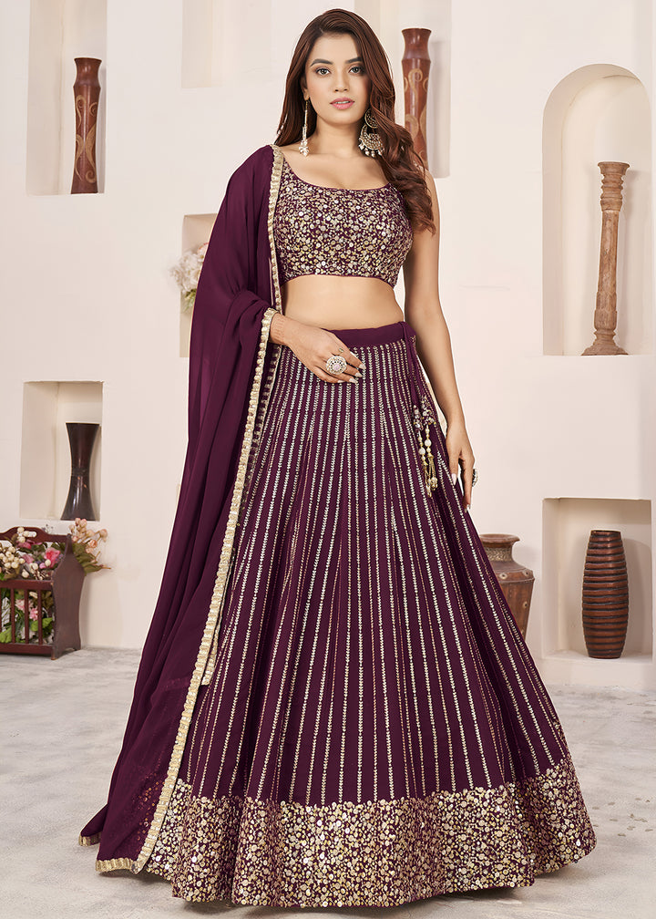 Buy Now Wine Sequin Zari Embroidered Work Function Lehenga Choli Online in US, UK, Canada, France, Italy, Germany, Sweden, UAE &amp; Worldwide at Empress Clothing.