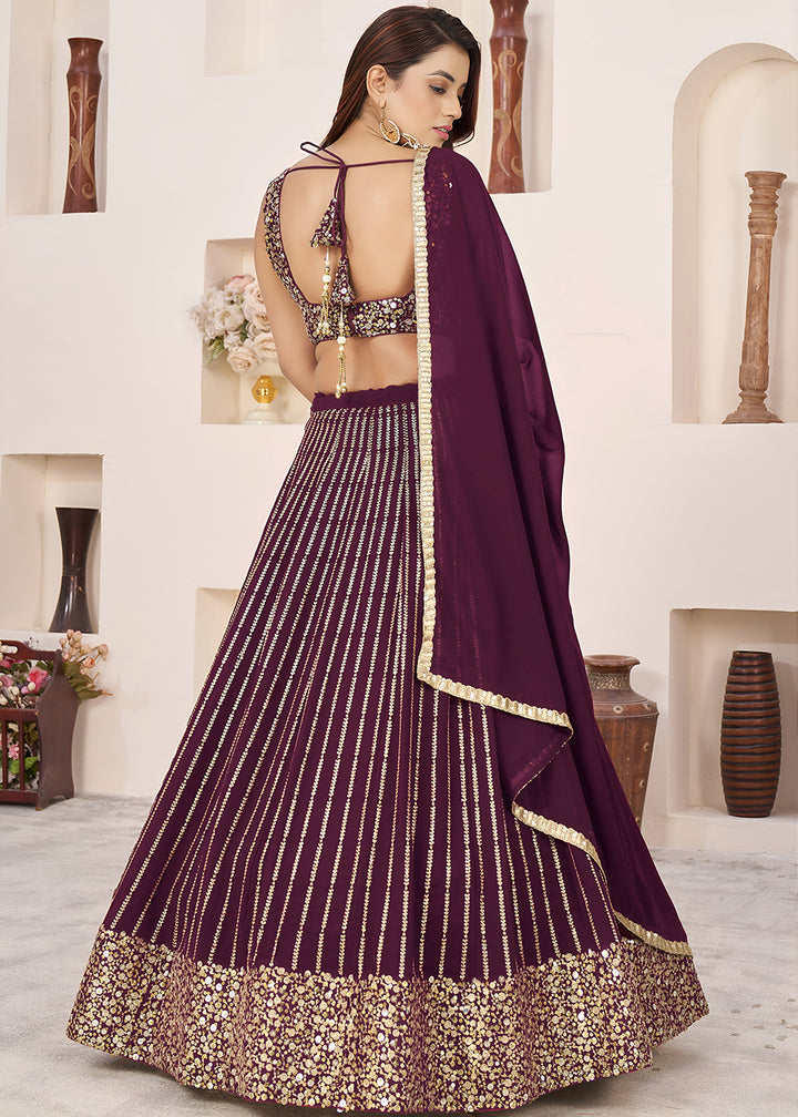 Buy Now Wine Sequin Zari Embroidered Work Function Lehenga Choli Online in US, UK, Canada, France, Italy, Germany, Sweden, UAE &amp; Worldwide at Empress Clothing.