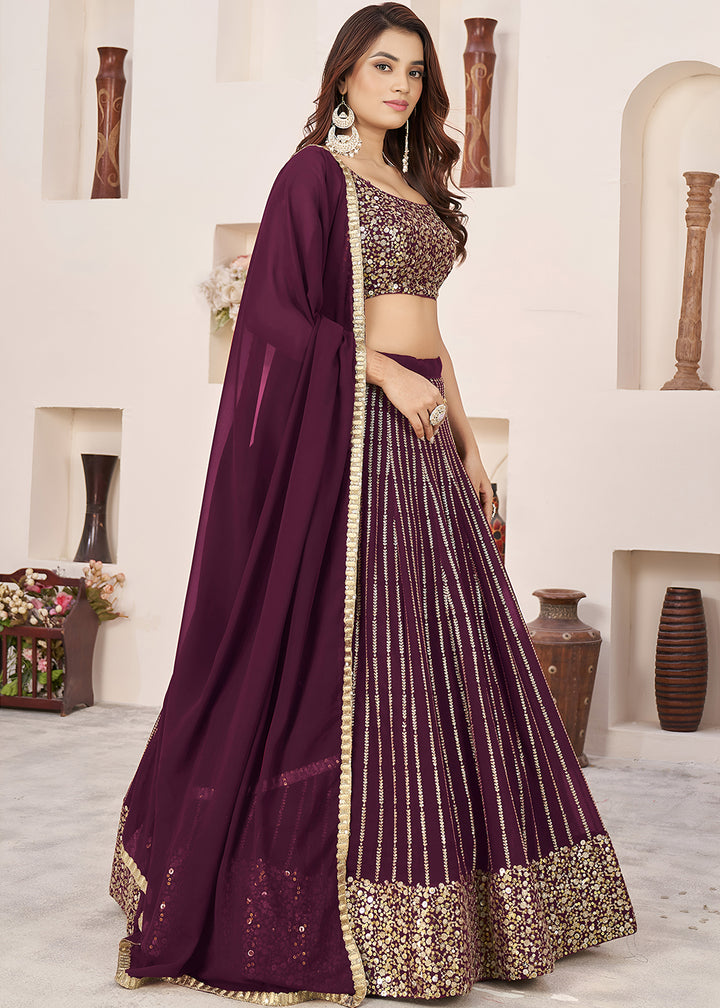 Buy Now Wine Sequin Zari Embroidered Work Function Lehenga Choli Online in US, UK, Canada, France, Italy, Germany, Sweden, UAE &amp; Worldwide at Empress Clothing.