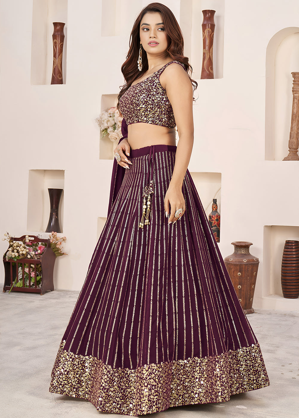 Buy Now Wine Sequin Zari Embroidered Work Function Lehenga Choli Online in US, UK, Canada, France, Italy, Germany, Sweden, UAE &amp; Worldwide at Empress Clothing.