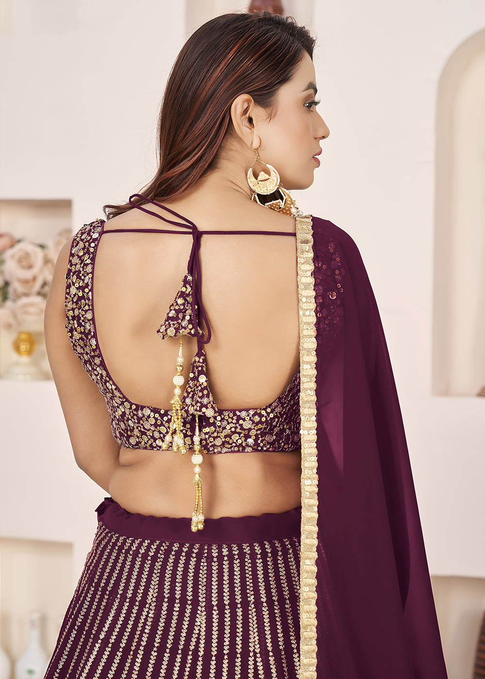 Buy Now Wine Sequin Zari Embroidered Work Function Lehenga Choli Online in US, UK, Canada, France, Italy, Germany, Sweden, UAE &amp; Worldwide at Empress Clothing.