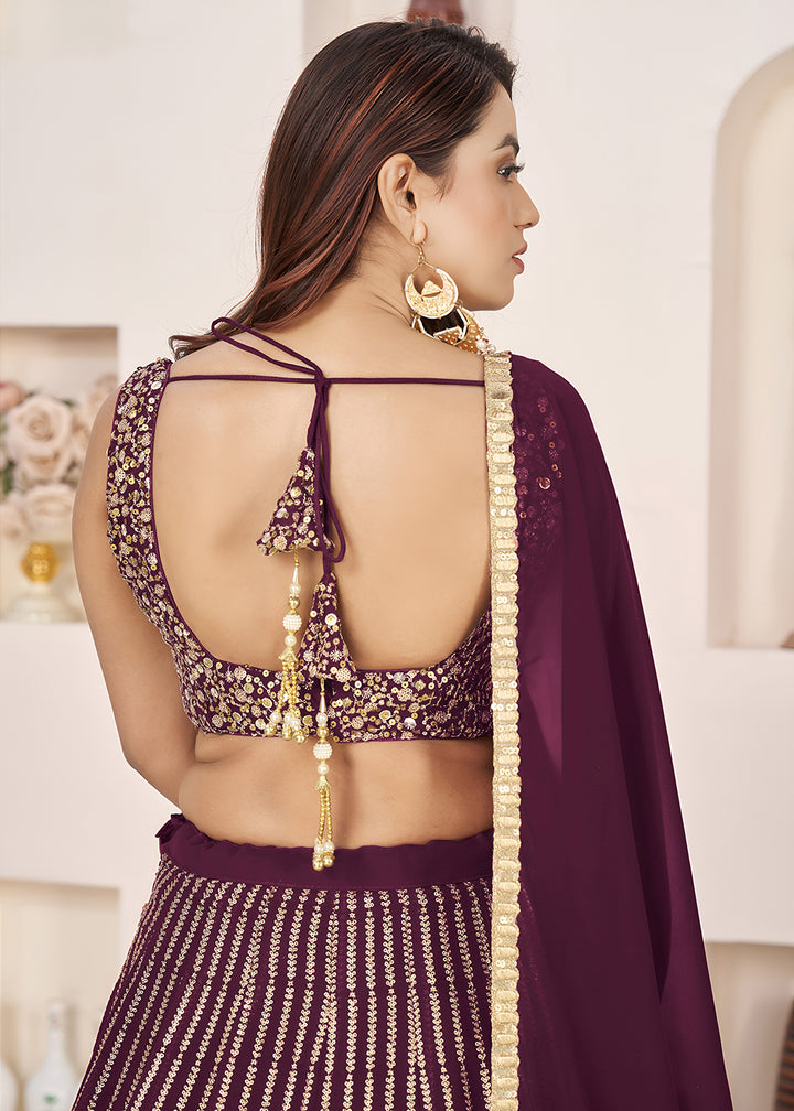 Buy Now Wine Sequin Zari Embroidered Work Function Lehenga Choli Online in US, UK, Canada, France, Italy, Germany, Sweden, UAE &amp; Worldwide at Empress Clothing.