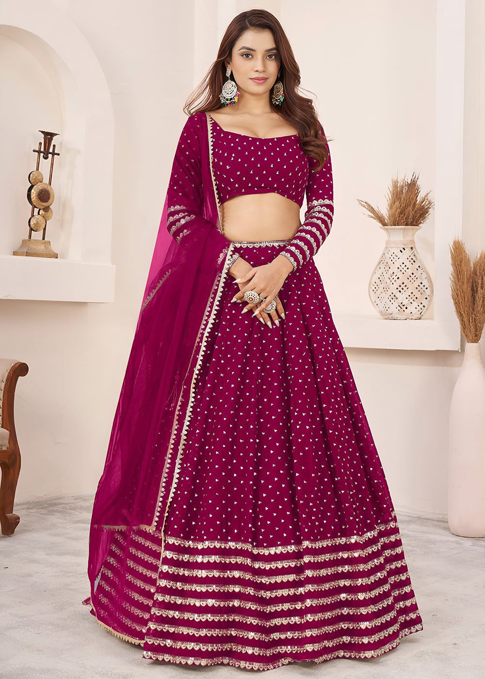 Buy Now Pink Sequin Zari Embroidered Work Function Lehenga Choli Online in US, UK, Canada, France, Italy, Germany, Sweden, UAE & Worldwide at Empress Clothing.