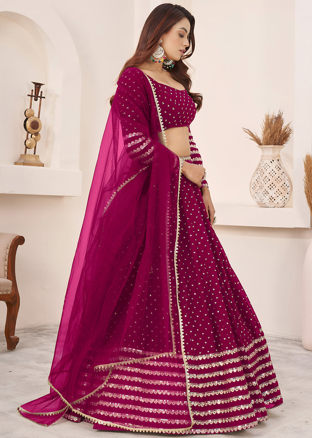 Buy Now Pink Sequin Zari Embroidered Work Function Lehenga Choli Online in US, UK, Canada, France, Italy, Germany, Sweden, UAE &amp; Worldwide at Empress Clothing.