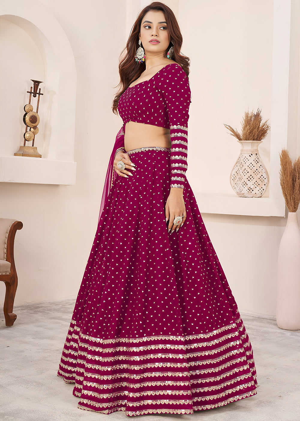 Buy Now Pink Sequin Zari Embroidered Work Function Lehenga Choli Online in US, UK, Canada, France, Italy, Germany, Sweden, UAE &amp; Worldwide at Empress Clothing.