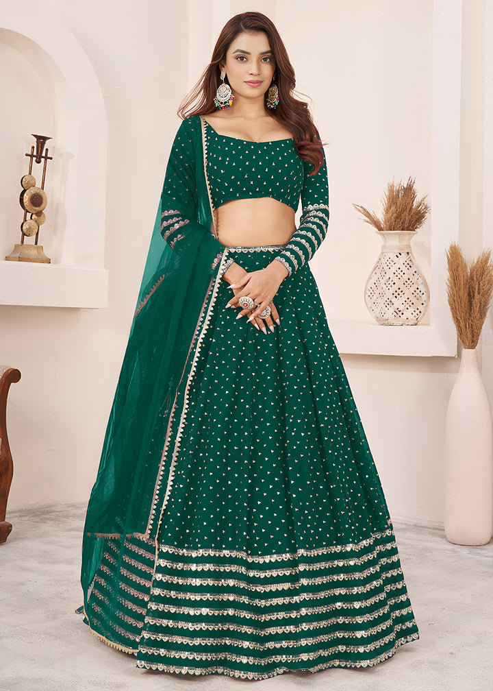 Buy Now Teal Sequin Zari Embroidered Work Function Lehenga Choli Online in US, UK, Canada, France, Italy, Germany, Sweden, UAE &amp; Worldwide at Empress Clothing.