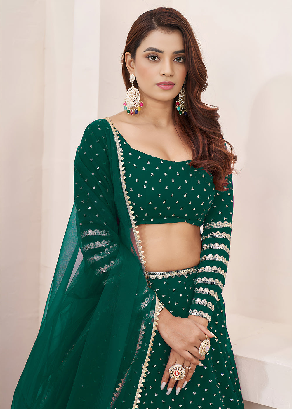 Buy Now Teal Sequin Zari Embroidered Work Function Lehenga Choli Online in US, UK, Canada, France, Italy, Germany, Sweden, UAE &amp; Worldwide at Empress Clothing.
