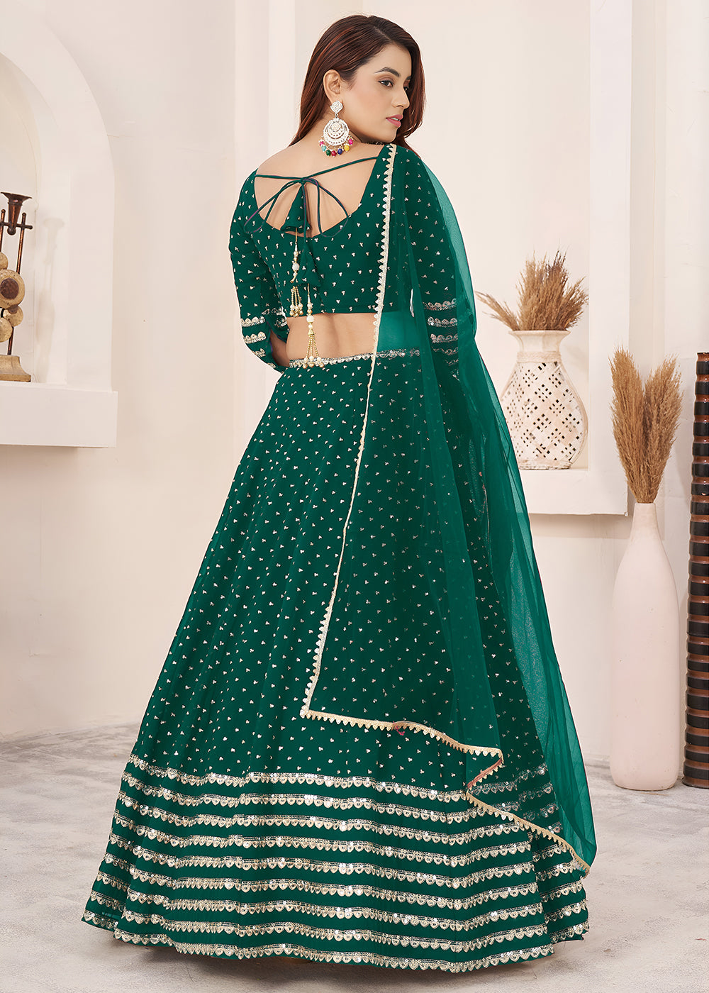 Buy Now Teal Sequin Zari Embroidered Work Function Lehenga Choli Online in US, UK, Canada, France, Italy, Germany, Sweden, UAE &amp; Worldwide at Empress Clothing.