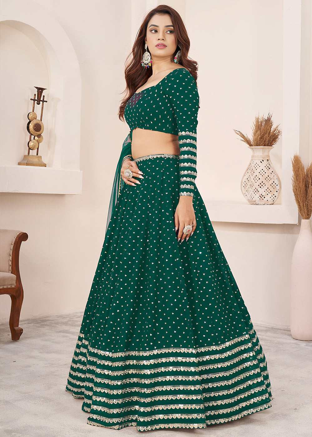 Buy Now Teal Sequin Zari Embroidered Work Function Lehenga Choli Online in US, UK, Canada, France, Italy, Germany, Sweden, UAE &amp; Worldwide at Empress Clothing.