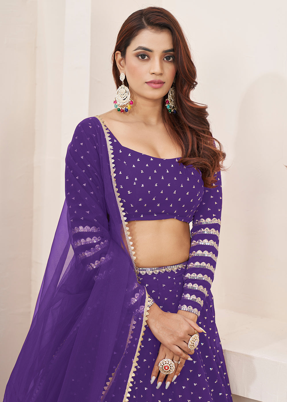 Buy Now Violet Sequin Zari Embroidered Work Function Lehenga Choli Online in US, UK, Canada, France, Italy, Germany, Sweden, UAE &amp; Worldwide at Empress Clothing.