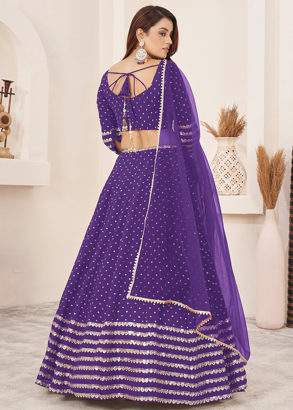 Buy Now Violet Sequin Zari Embroidered Work Function Lehenga Choli Online in US, UK, Canada, France, Italy, Germany, Sweden, UAE &amp; Worldwide at Empress Clothing.