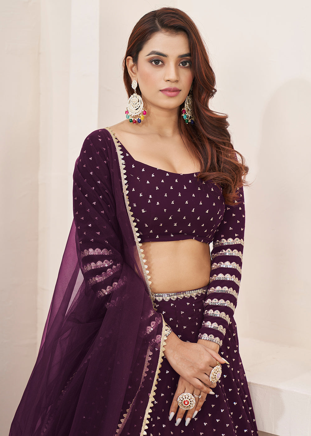 Buy Now Wine Sequin Zari Embroidered Work Function Lehenga Choli Online in US, UK, Canada, France, Italy, Germany, Sweden, UAE & Worldwide at Empress Clothing.