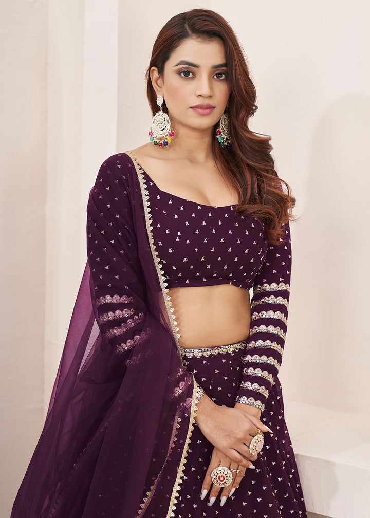 Buy Now Wine Sequin Zari Embroidered Work Function Lehenga Choli Online in US, UK, Canada, France, Italy, Germany, Sweden, UAE &amp; Worldwide at Empress Clothing.
