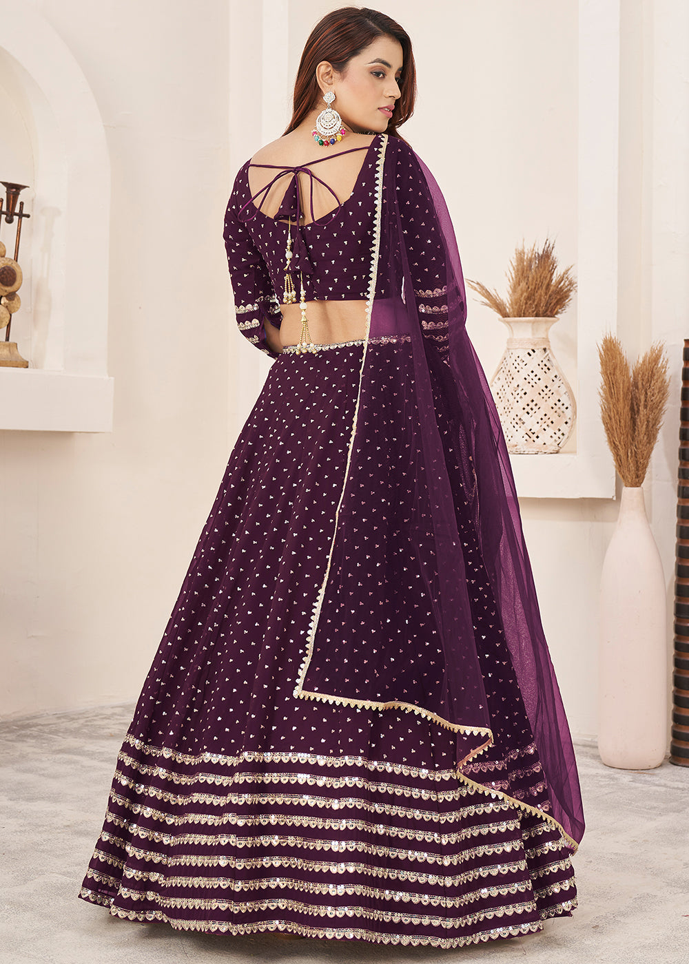 Buy Now Wine Sequin Zari Embroidered Work Function Lehenga Choli Online in US, UK, Canada, France, Italy, Germany, Sweden, UAE &amp; Worldwide at Empress Clothing.