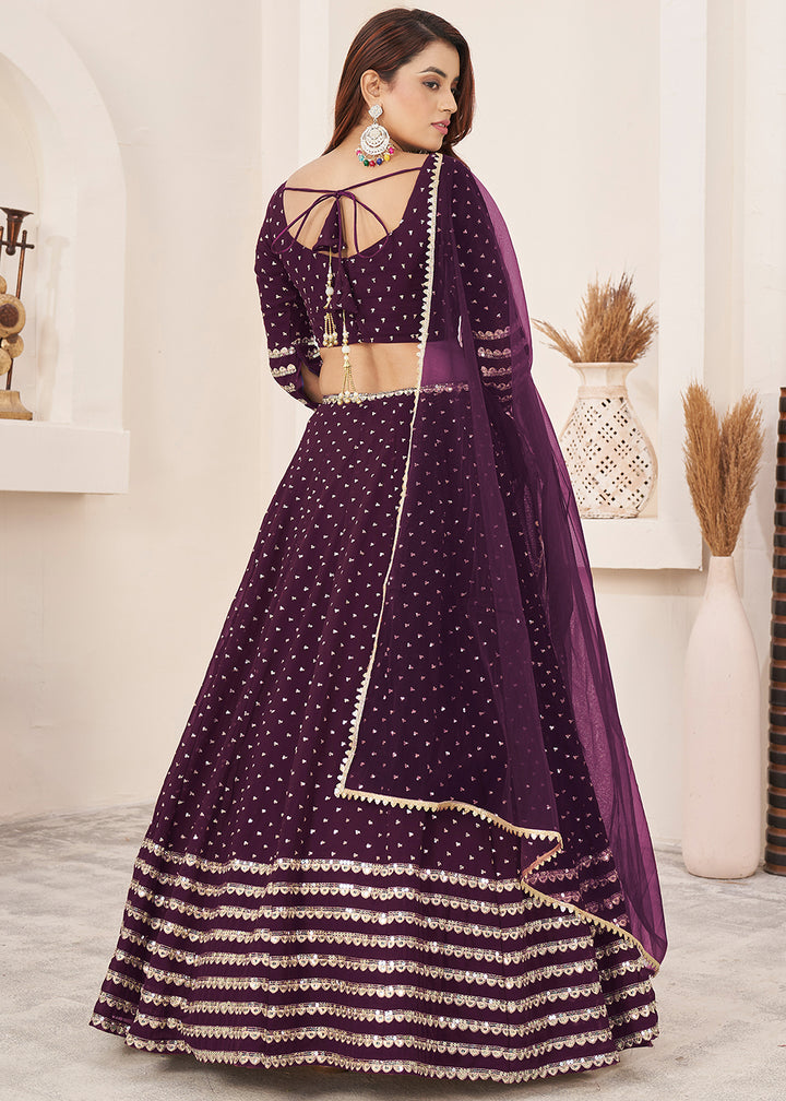 Buy Now Wine Sequin Zari Embroidered Work Function Lehenga Choli Online in US, UK, Canada, France, Italy, Germany, Sweden, UAE &amp; Worldwide at Empress Clothing.