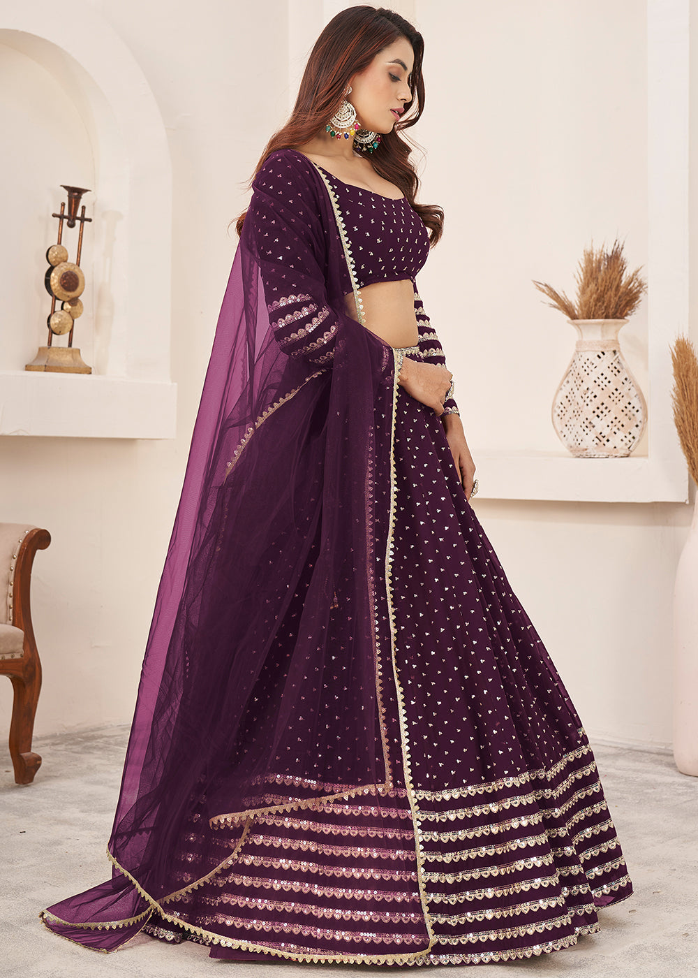 Buy Now Wine Sequin Zari Embroidered Work Function Lehenga Choli Online in US, UK, Canada, France, Italy, Germany, Sweden, UAE &amp; Worldwide at Empress Clothing.