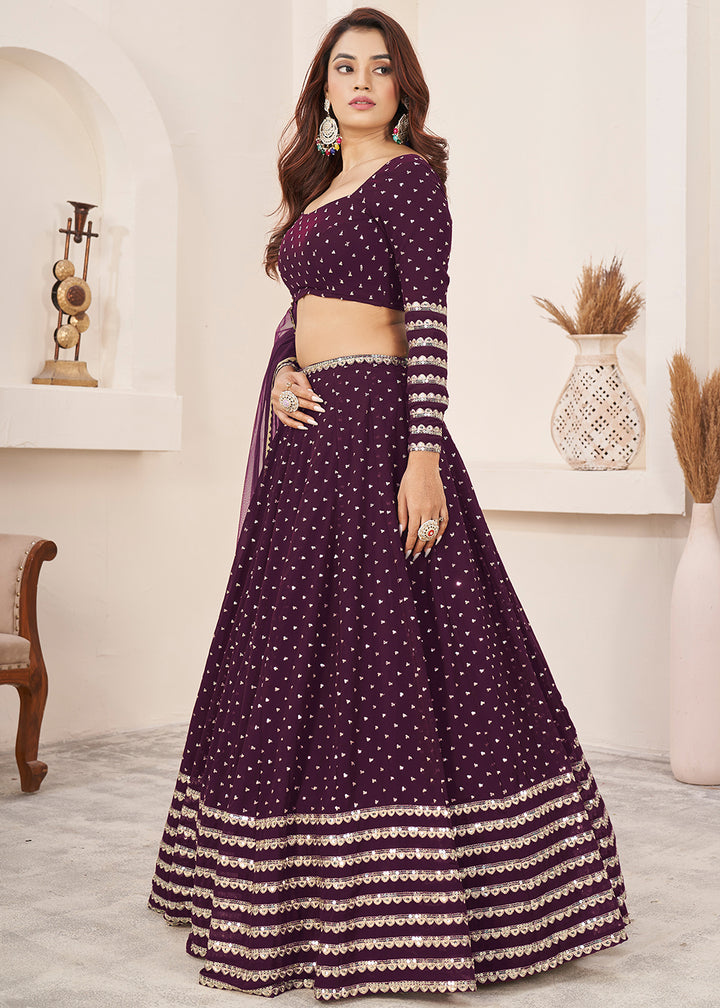 Buy Now Wine Sequin Zari Embroidered Work Function Lehenga Choli Online in US, UK, Canada, France, Italy, Germany, Sweden, UAE &amp; Worldwide at Empress Clothing.