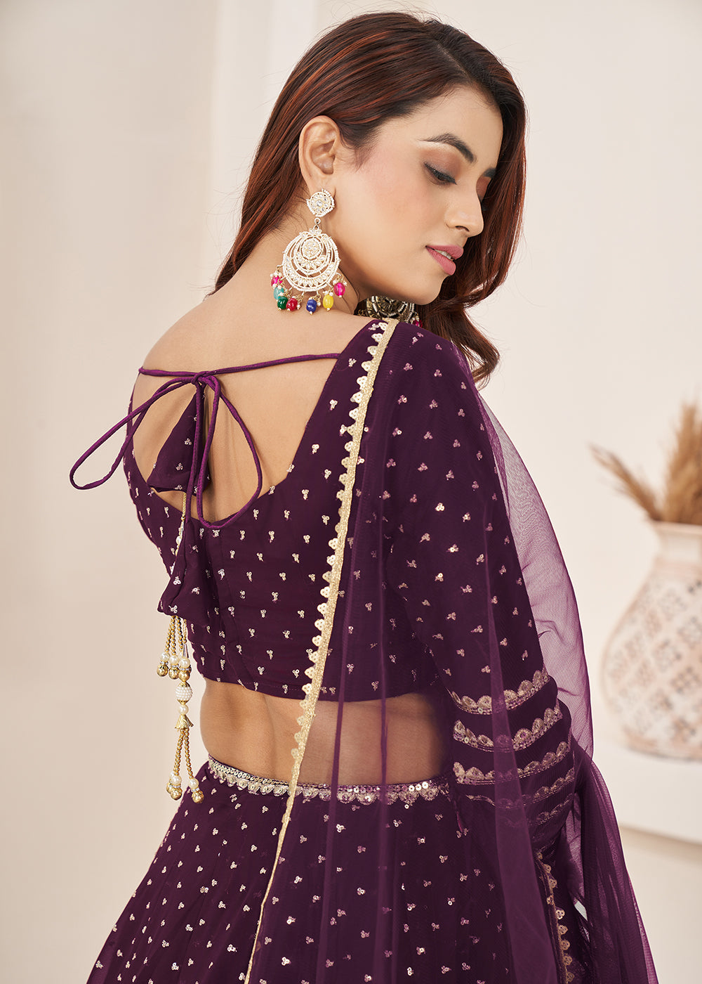Buy Now Wine Sequin Zari Embroidered Work Function Lehenga Choli Online in US, UK, Canada, France, Italy, Germany, Sweden, UAE &amp; Worldwide at Empress Clothing.