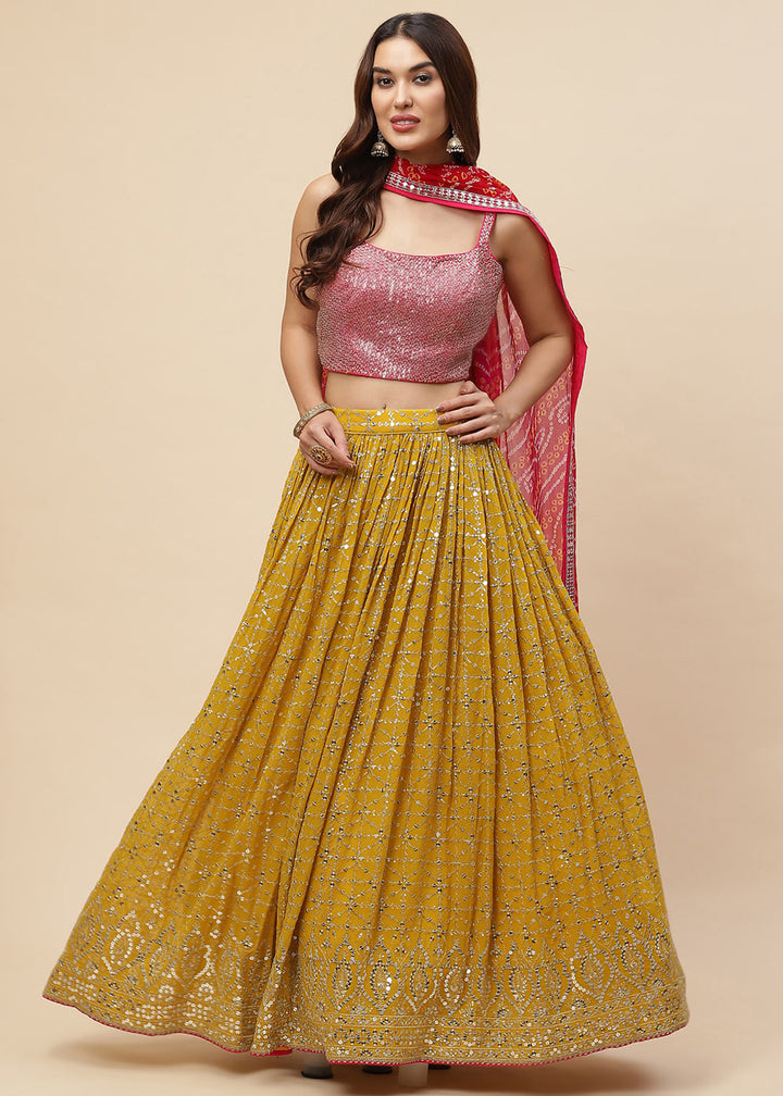 Buy Now Yellow & Pink Festive Style Embroidered Lehenga Choli Online in USA, UK, Canada, France, Italy, Germany, Australia, UAE & Worldwide at Empress Clothing.