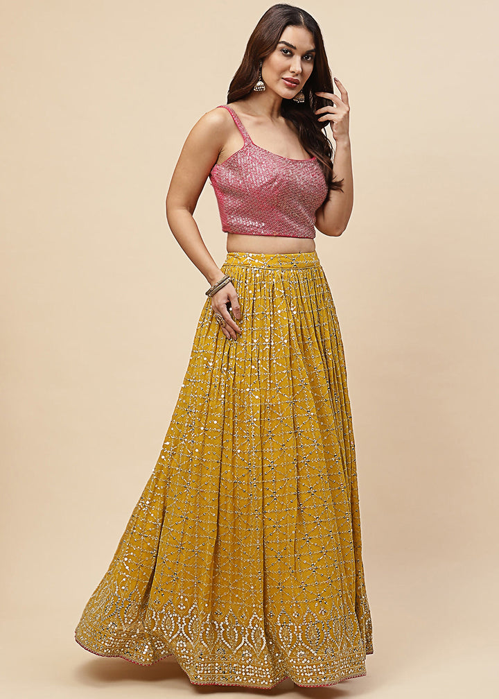 Buy Now Yellow & Pink Festive Style Embroidered Lehenga Choli Online in USA, UK, Canada, France, Italy, Germany, Australia, UAE & Worldwide at Empress Clothing.