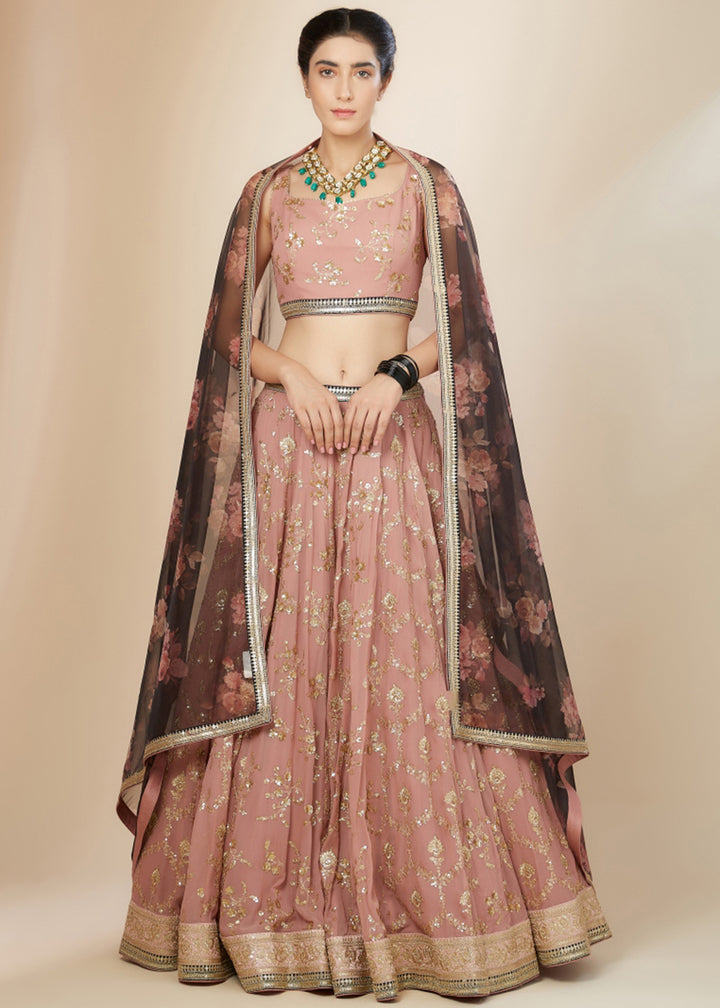 Buy Now Pink & Brown Festive Style Embroidered Lehenga Choli Online in USA, UK, Canada, France, Italy, Germany, Australia, UAE & Worldwide at Empress Clothing.
