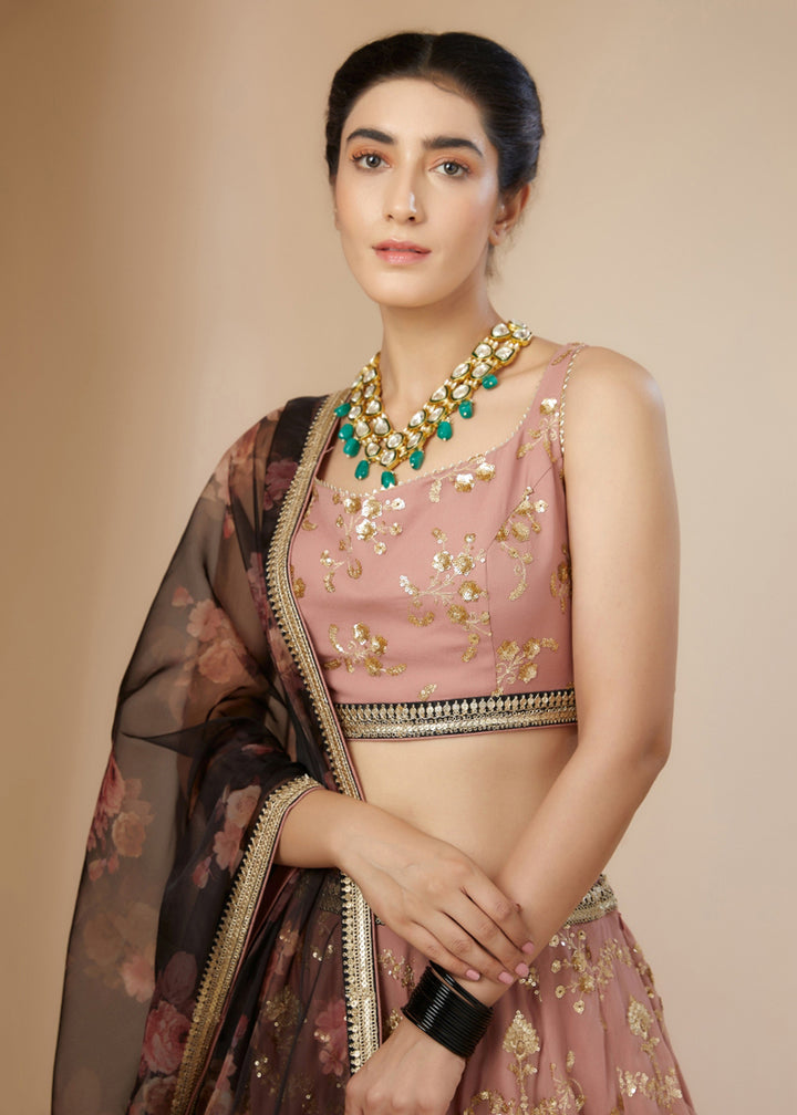 Buy Now Pink & Brown Festive Style Embroidered Lehenga Choli Online in USA, UK, Canada, France, Italy, Germany, Australia, UAE & Worldwide at Empress Clothing.
