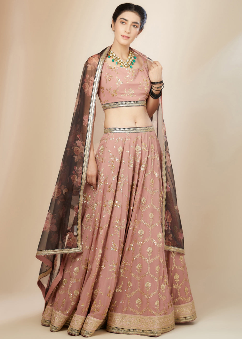Buy Now Pink & Brown Festive Style Embroidered Lehenga Choli Online in USA, UK, Canada, France, Italy, Germany, Australia, UAE & Worldwide at Empress Clothing.