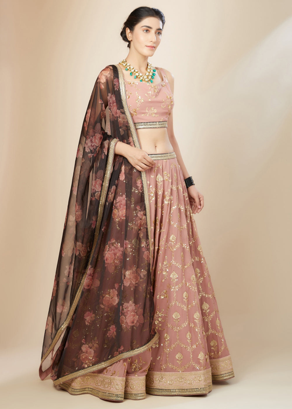 Buy Now Pink & Brown Festive Style Embroidered Lehenga Choli Online in USA, UK, Canada, France, Italy, Germany, Australia, UAE & Worldwide at Empress Clothing.