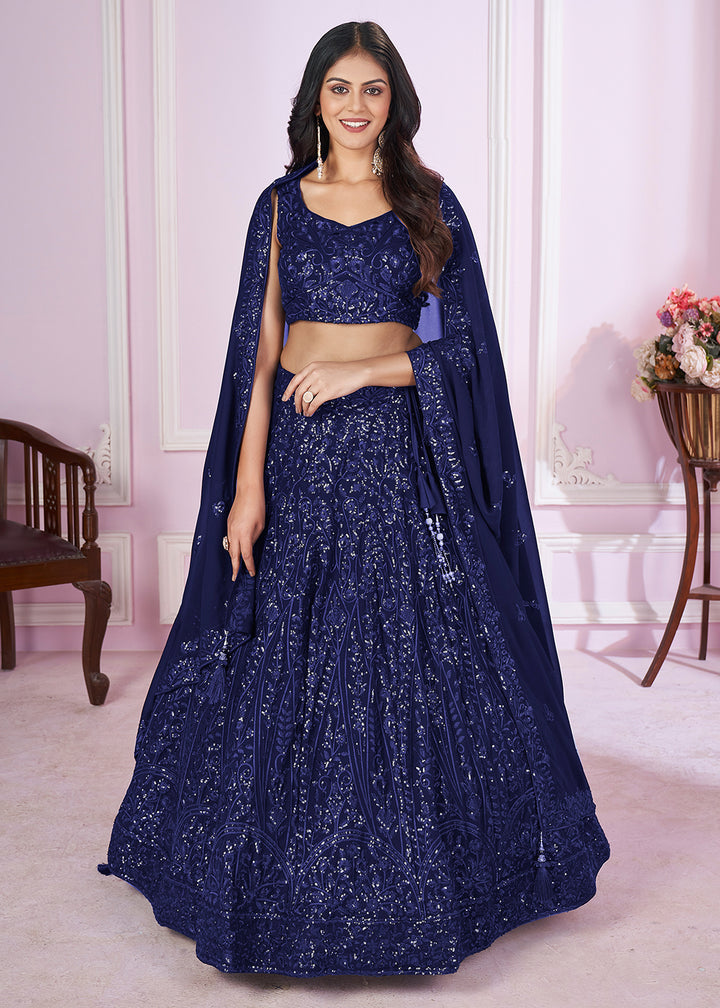 Buy Now Georgette Embroidered Blue Color Reception Lehenga Choli Online in USA, UK, Canada & Worldwide at Empress Clothing.