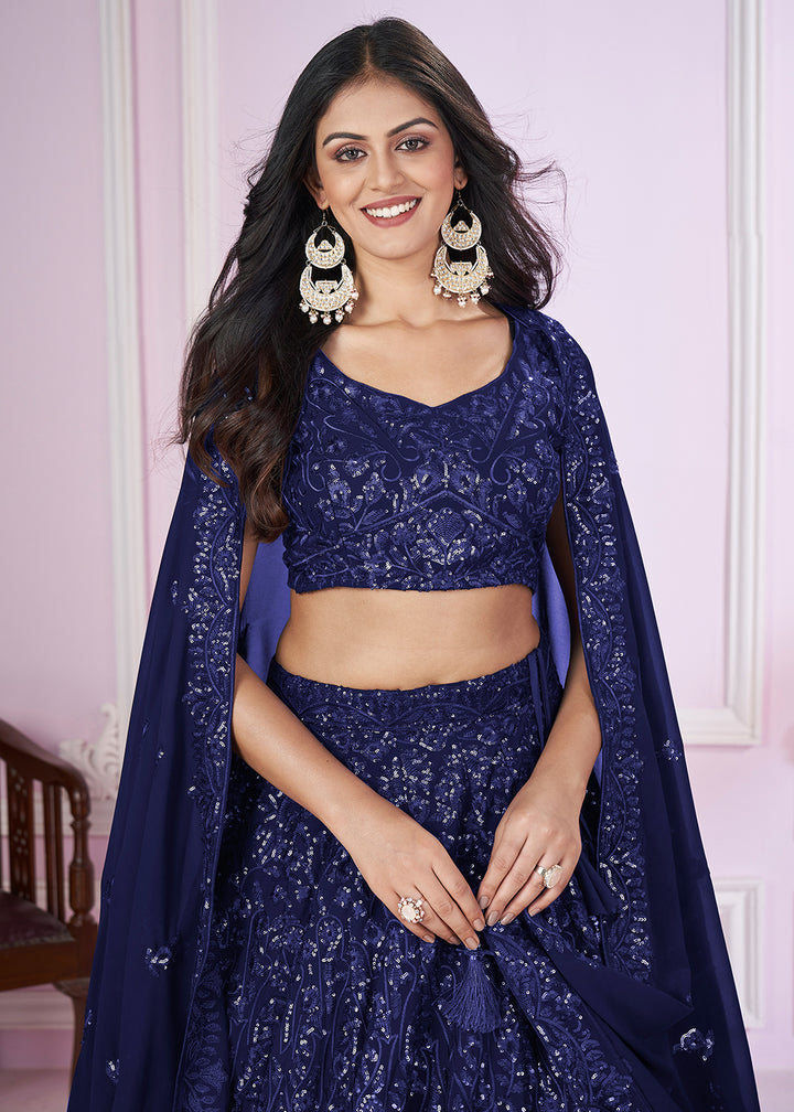 Buy Now Georgette Embroidered Blue Color Reception Lehenga Choli Online in USA, UK, Canada & Worldwide at Empress Clothing.