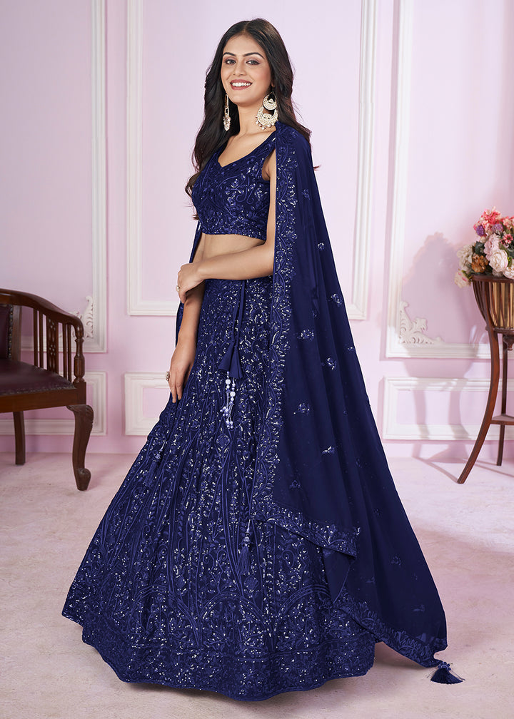 Buy Now Georgette Embroidered Blue Color Reception Lehenga Choli Online in USA, UK, Canada & Worldwide at Empress Clothing.