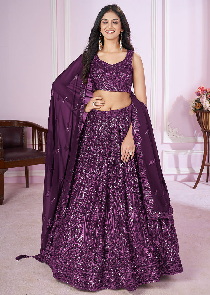 Buy Now Georgette Embroidered Purple Color Reception Lehenga Choli Online in USA, UK, Canada & Worldwide at Empress Clothing.