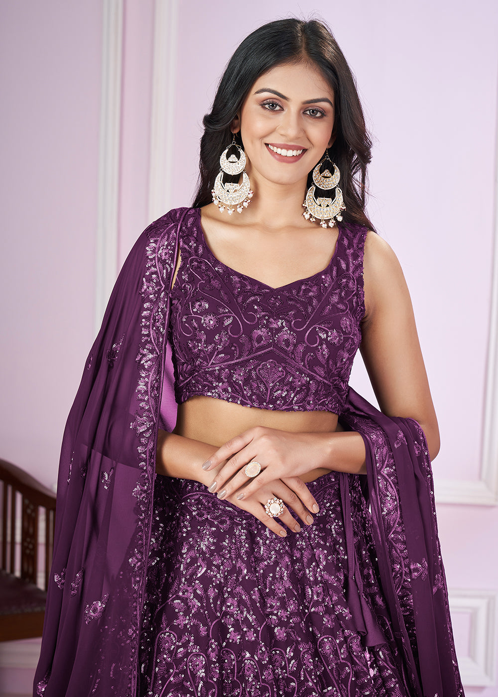 Buy Now Georgette Embroidered Purple Color Reception Lehenga Choli Online in USA, UK, Canada & Worldwide at Empress Clothing.