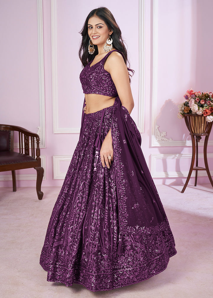 Buy Now Georgette Embroidered Purple Color Reception Lehenga Choli Online in USA, UK, Canada & Worldwide at Empress Clothing.