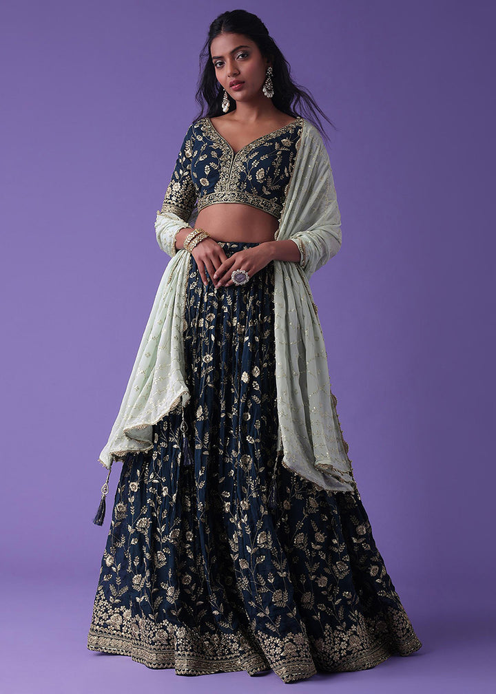 Buy Now Navy Blue Festive Style Embroidered Lehenga Choli Online in USA, UK, Canada, France, Italy, Germany, Australia, UAE & Worldwide at Empress Clothing.