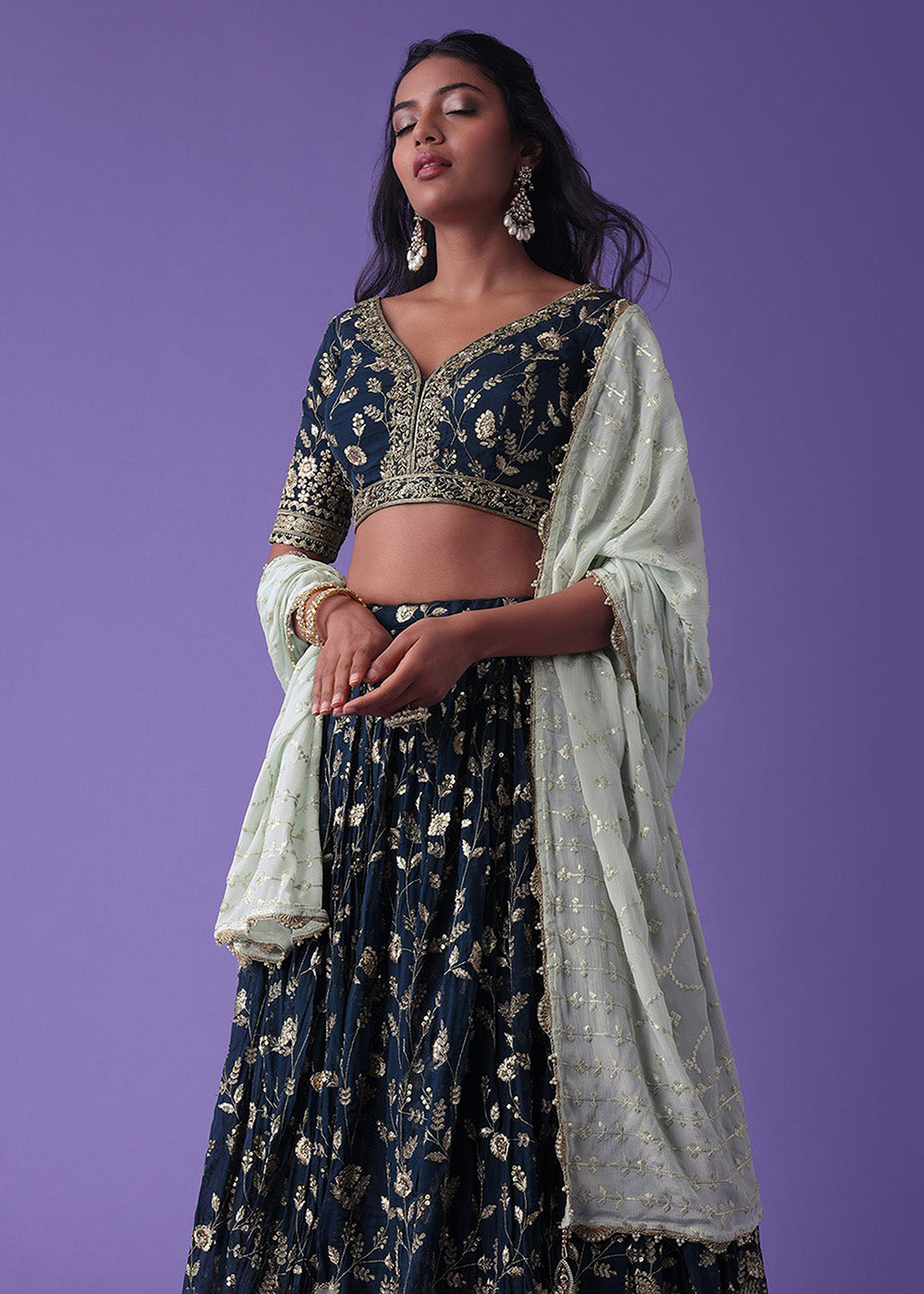 Buy Now Navy Blue Festive Style Embroidered Lehenga Choli Online in USA, UK, Canada, France, Italy, Germany, Australia, UAE & Worldwide at Empress Clothing.