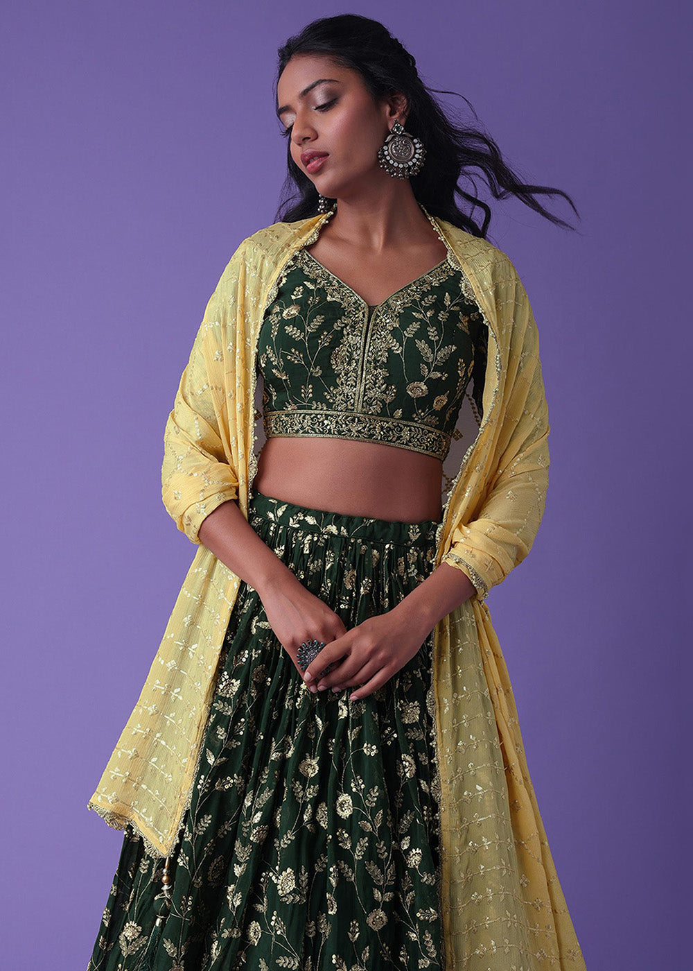 Buy Now Dark Green Festive Style Embroidered Lehenga Choli Online in USA, UK, Canada, France, Italy, Germany, Australia, UAE & Worldwide at Empress Clothing.