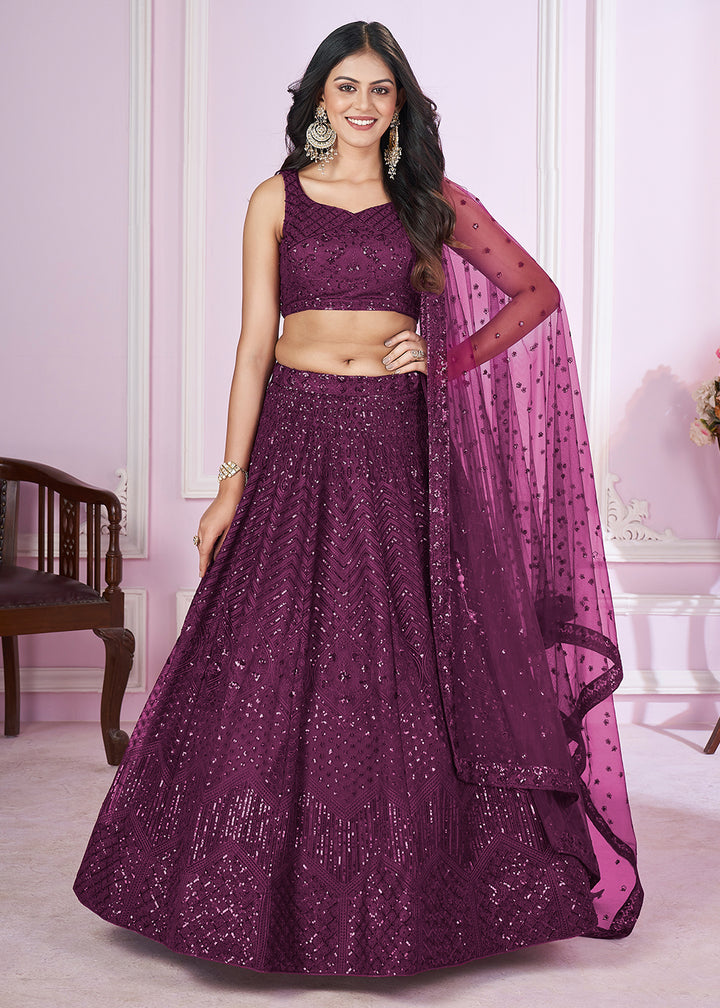 Buy Now Soft Net Embroidered Purple Color Reception Lehenga Choli Online in USA, UK, Canada & Worldwide at Empress Clothing. 