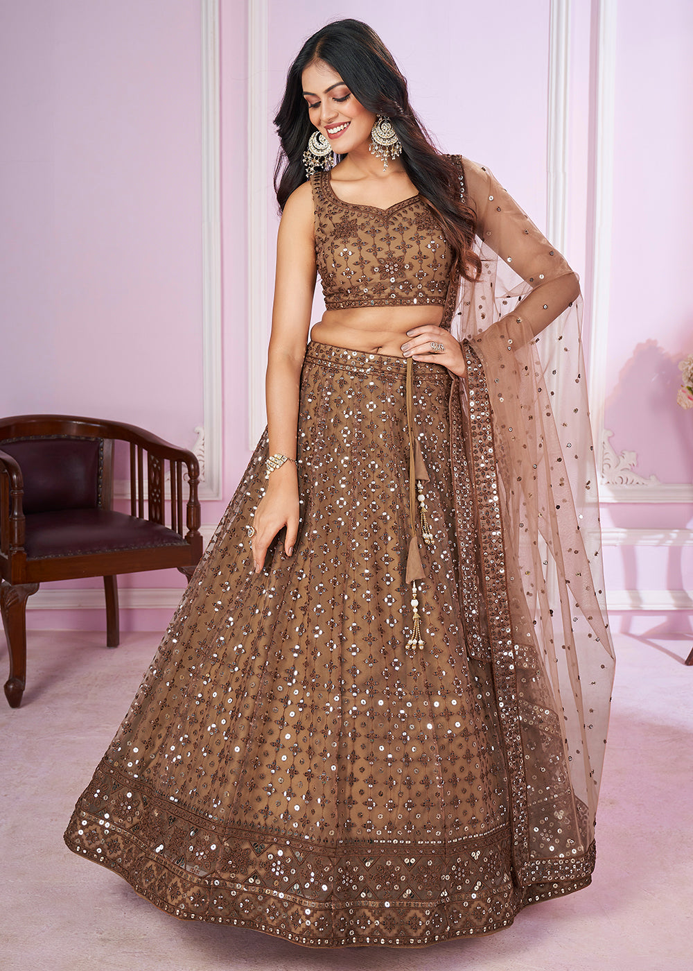 Buy Now Soft Net Embroidered Brown Color Reception Lehenga Choli Online in USA, UK, Canada & Worldwide at Empress Clothing.